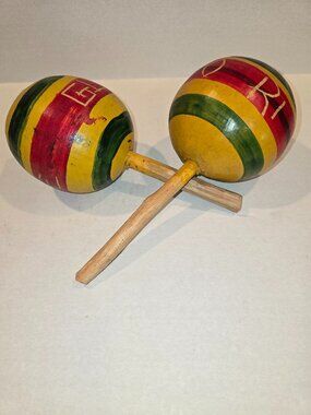 Maraca Tcha Tcha Set of 2 Music Instrument Hand-painted 10" Red, Yellow, Green